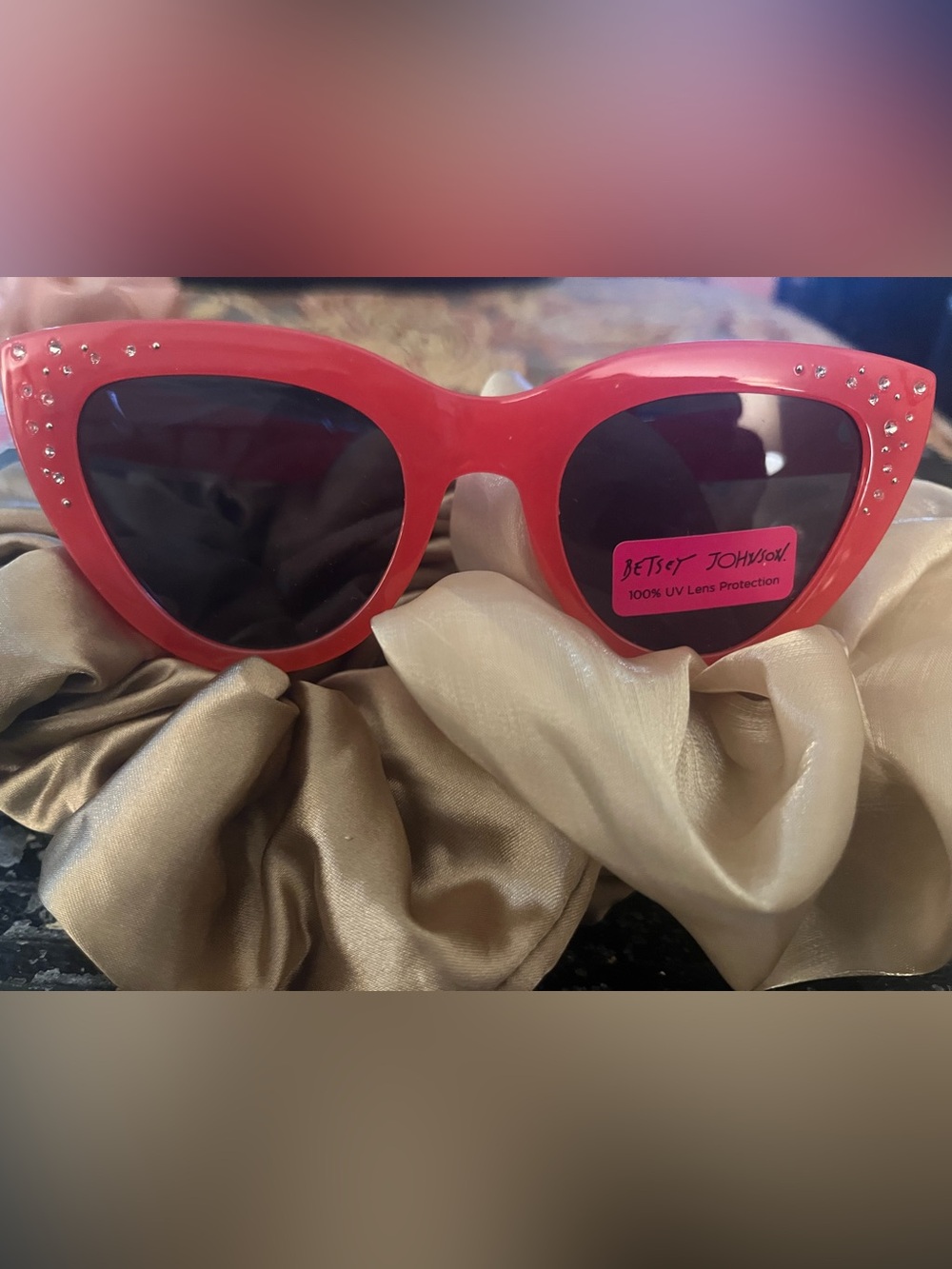 Betsey Johnson Hot Pink Cat-Eye Sunglasses with Rhinestone Accents
